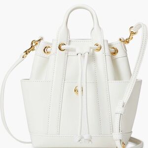 Veronica Beard White Leather Drawstring Crossbody Bag with Gold Hardware